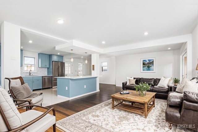 living room with sink and wood-type flooring