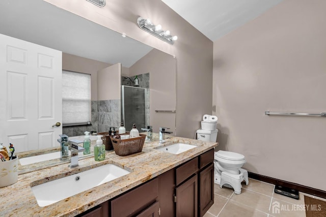 bathroom featuring a sink, a shower stall, toilet, and tile patterned floors