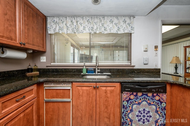 109-B Hemlock Plz, Monroe, NJ 08831 - kitchen featuring black dishwasher, dark stone counters, and brown cabinetry