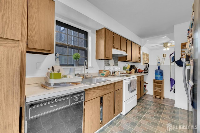 323 Gill Ln Unit 11Q, Iselin, NJ 07067 - kitchen featuring dishwashing machine, electric range, a sink, light countertops, and a ceiling fan