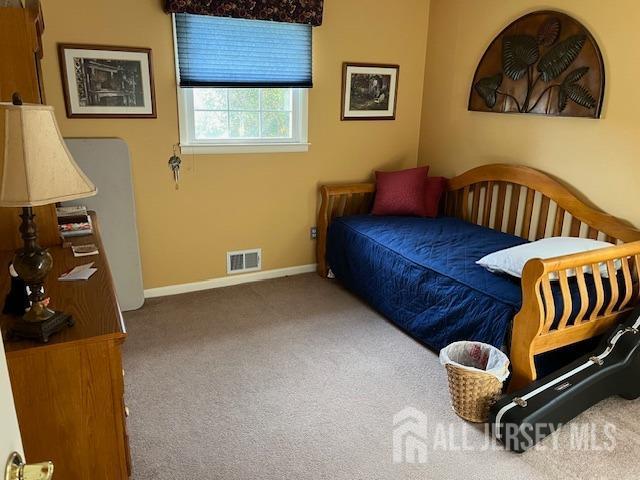 bedroom with carpet floors, baseboards, and visible vents