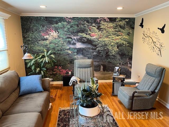 living room featuring crown molding and hardwood / wood-style flooring