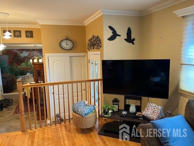 living room featuring ornamental molding and hardwood / wood-style flooring