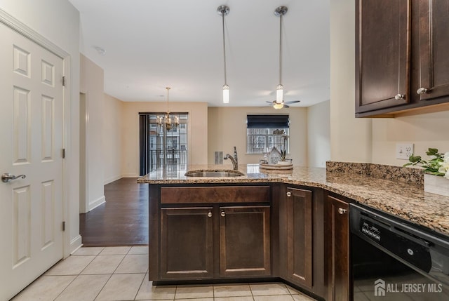 7209 Minuteman Ln, Franklin, NJ 08873 - kitchen featuring dishwasher, a sink, a peninsula, dark brown cabinetry, and light stone counters