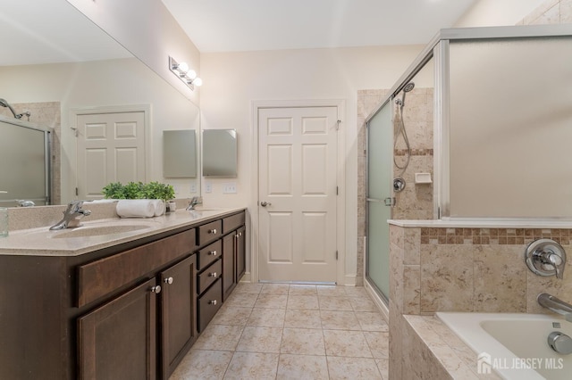 7209 Minuteman Ln, Franklin, NJ 08873 - full bathroom with a stall shower, a garden tub, double vanity, and tile patterned floors