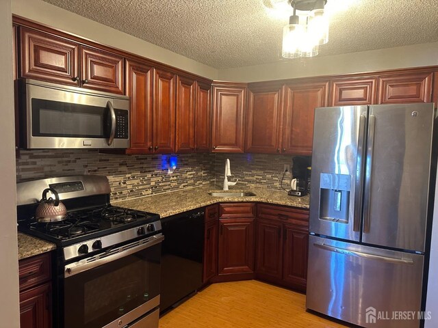 kitchen with sink, light hardwood / wood-style flooring, light stone countertops, and appliances with stainless steel finishes