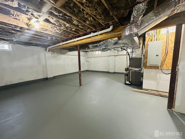 below grade area featuring electric panel and heating unit