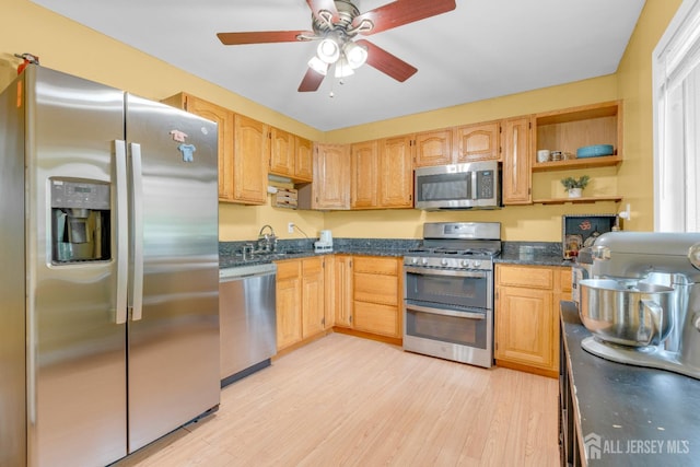 4 Dayton Rd, Edison, NJ 08817 - kitchen with appliances with stainless steel finishes, light wood-style flooring, ceiling fan, open shelves, and a sink