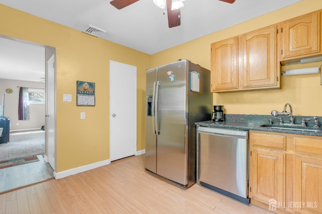 4 Dayton Rd, Edison, NJ 08817 - kitchen with stainless steel appliances, a sink, a ceiling fan, light wood finished floors, and light brown cabinetry