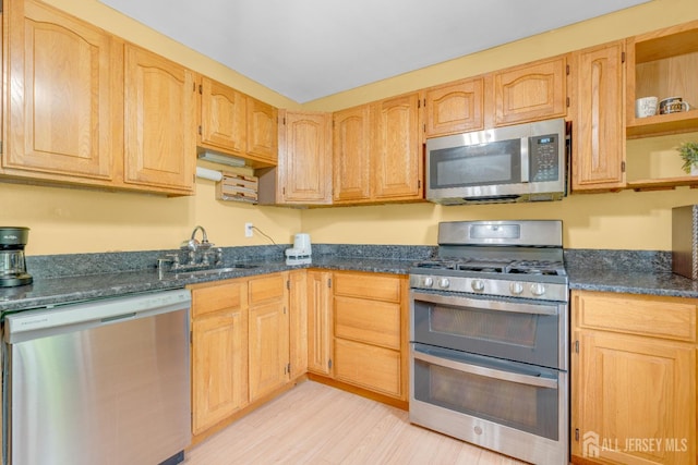 4 Dayton Rd, Edison, NJ 08817 - kitchen with appliances with stainless steel finishes, a sink, light wood-style floors, open shelves, and light brown cabinetry