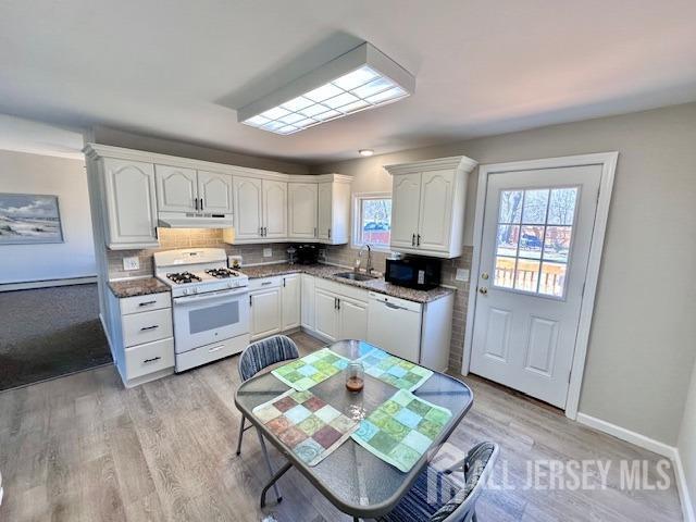 kitchen featuring a healthy amount of sunlight, range hood, a sink, and white appliances
