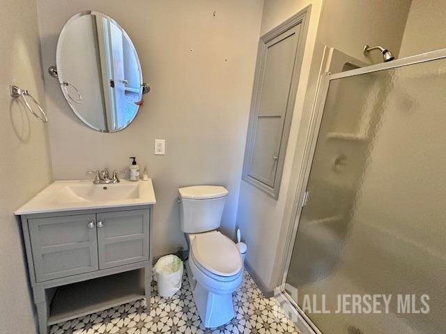 full bath with a stall shower, toilet, and vanity