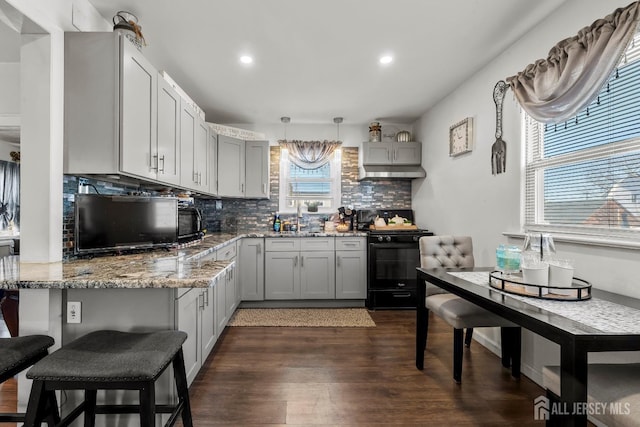 kitchen featuring light stone countertops, black gas stove, a sink, decorative backsplash, and under cabinet range hood