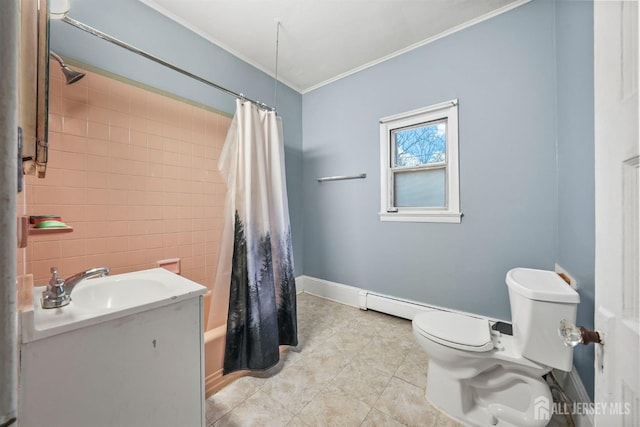 311 Magnolia St, Highland Park, NJ 08904 - bathroom with toilet, shower / bath combination with curtain, crown molding, tile patterned flooring, and vanity