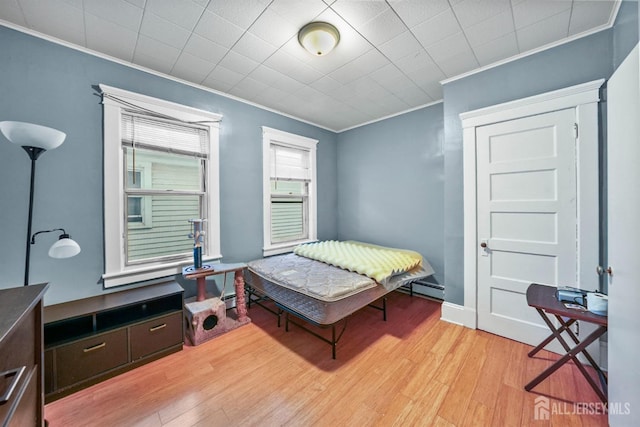 311 Magnolia St, Highland Park, NJ 08904 - bedroom with baseboard heating, light wood-type flooring, baseboards, and ornamental molding