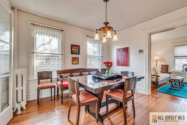 dining space with light wood-style flooring and radiator