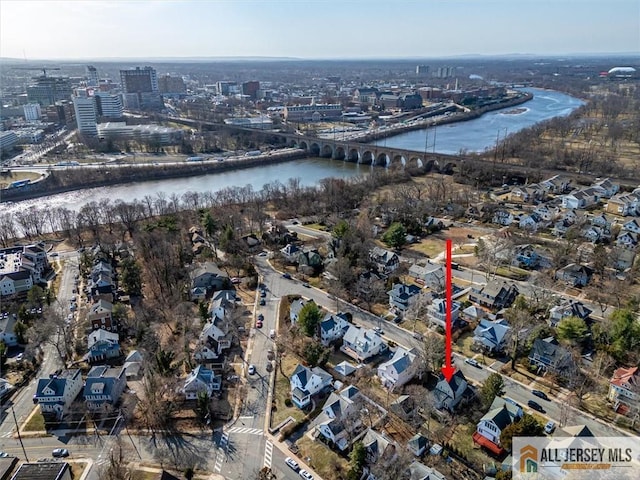 drone / aerial view featuring a water view