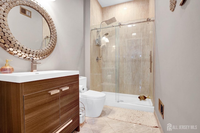 bathroom with visible vents, vanity, toilet, and a stall shower