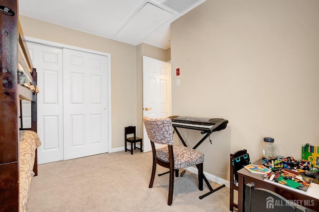 rec room featuring light colored carpet, visible vents, baseboards, and attic access