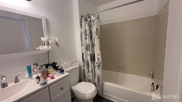 full bathroom with shower / bathtub combination with curtain, toilet, and vanity