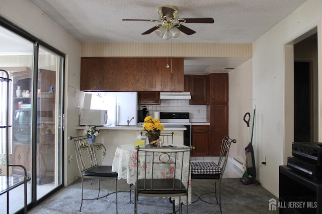 131-C Balsam Plz, Monroe, NJ 08831 - kitchen featuring electric range, light carpet, under cabinet range hood, a ceiling fan, and a textured ceiling