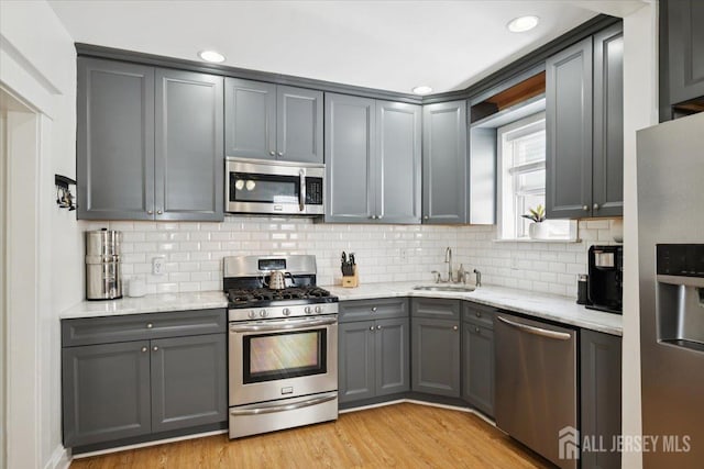 60 S St S, Milltown, NJ 08850 - kitchen with stainless steel appliances, gray cabinetry, backsplash, light stone countertops, and recessed lighting
