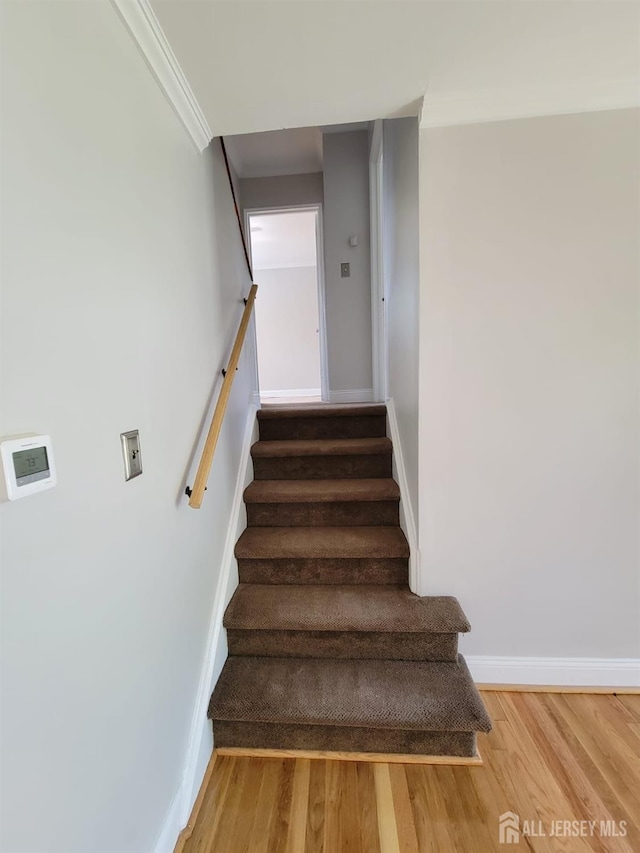 stairs featuring wood-type flooring and ornamental molding