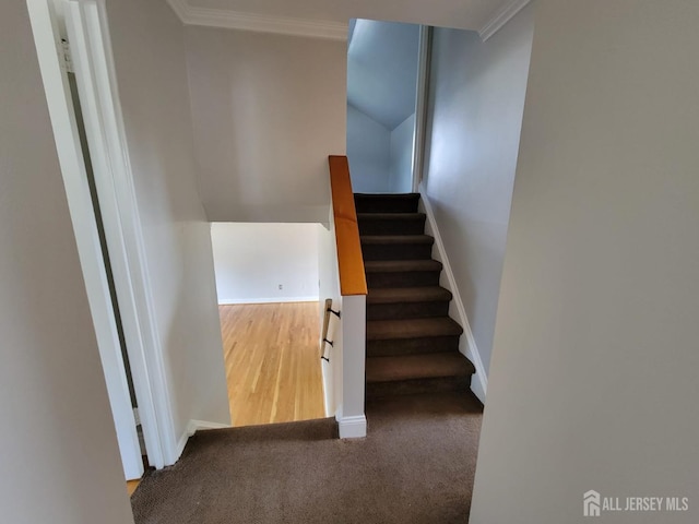 stairway featuring crown molding, vaulted ceiling, and carpet flooring