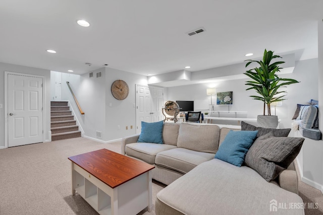 43 Capica Ct, South Amboy, NJ 08879 - living room featuring recessed lighting, stairway, and carpet flooring