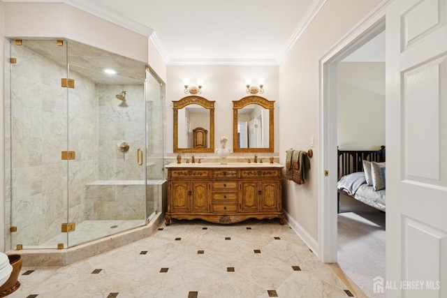 7 Pershing Ct, North Brunswick, NJ 08902 - bathroom with double vanity, ornamental molding, ensuite bathroom, and a shower stall