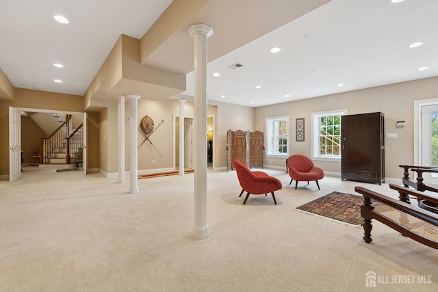 7 Pershing Ct, North Brunswick, NJ 08902 - living room with recessed lighting, light carpet, stairs, and ornate columns