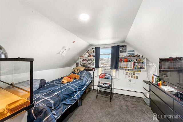 carpeted bedroom featuring lofted ceiling and a baseboard radiator