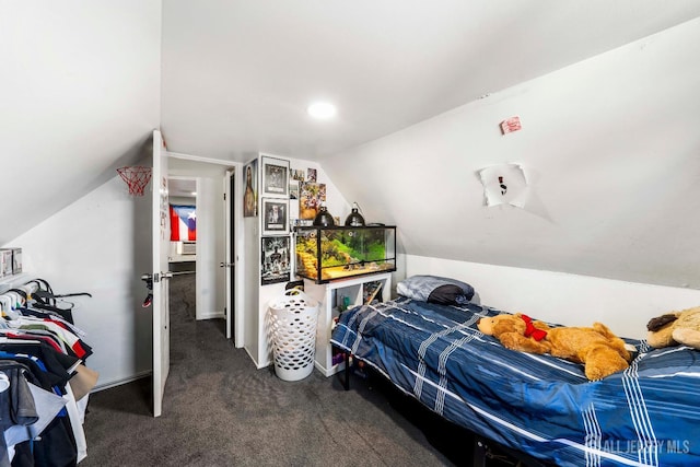 bedroom with dark colored carpet and lofted ceiling