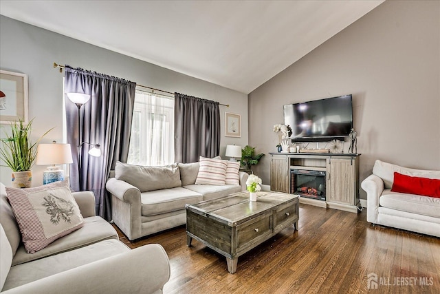 12 Sherry Rd, East Brunswick, NJ 08816 - living room featuring dark wood-style flooring, vaulted ceiling, and a glass covered fireplace