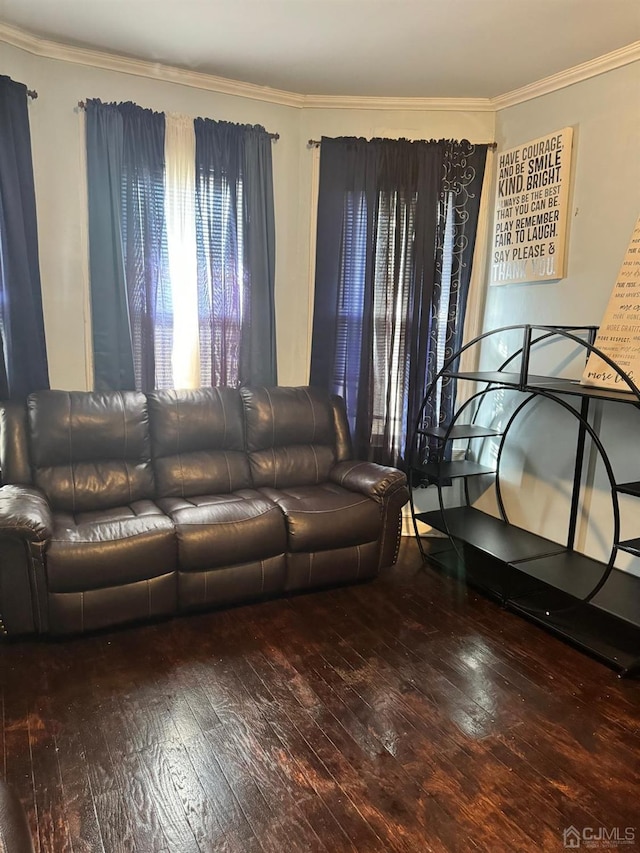 unfurnished living room featuring crown molding and wood finished floors