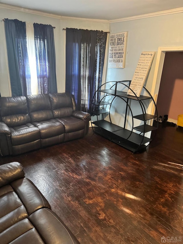 living room with wood finished floors and crown molding