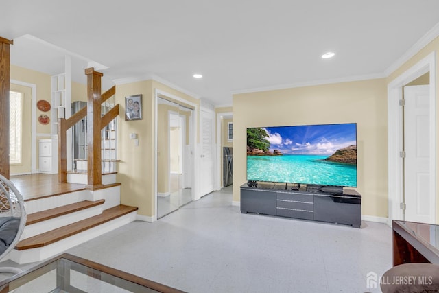 186 Tyler Ave, Iselin, NJ 08830 - living area with ornamental molding, recessed lighting, washer / clothes dryer, and stairs
