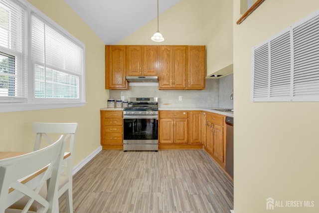 186 Tyler Ave, Iselin, NJ 08830 - kitchen with stainless steel appliances, a heating unit, under cabinet range hood, light countertops, and high vaulted ceiling