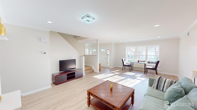 414-D Andover Dr, Monroe, NJ 08831 - living room with stairs, light wood-style flooring, ornamental molding, baseboards, and recessed lighting