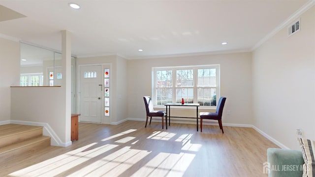 414-D Andover Dr, Monroe, NJ 08831 - dining room with healthy amount of natural light, light wood-type flooring, crown molding, stairway, and recessed lighting