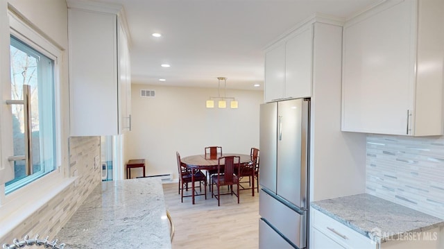 414-D Andover Dr, Monroe, NJ 08831 - kitchen featuring freestanding refrigerator, backsplash, white cabinets, light wood finished floors, and recessed lighting