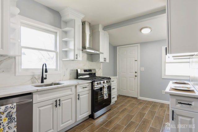 26 Meeker Ave, Edison, NJ 08817 - kitchen with stainless steel appliances, wall chimney range hood, a sink, open shelves, and tasteful backsplash
