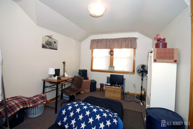 office space with carpet flooring and vaulted ceiling