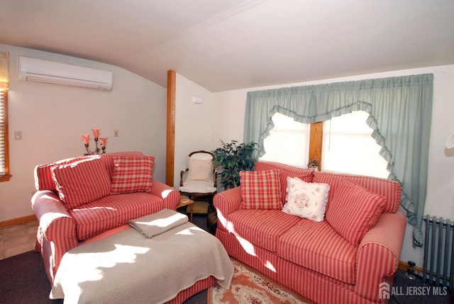 living room featuring lofted ceiling, tile patterned flooring, radiator heating unit, and a wall unit AC