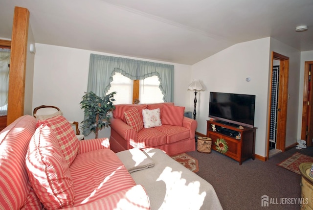 carpeted living room featuring lofted ceiling