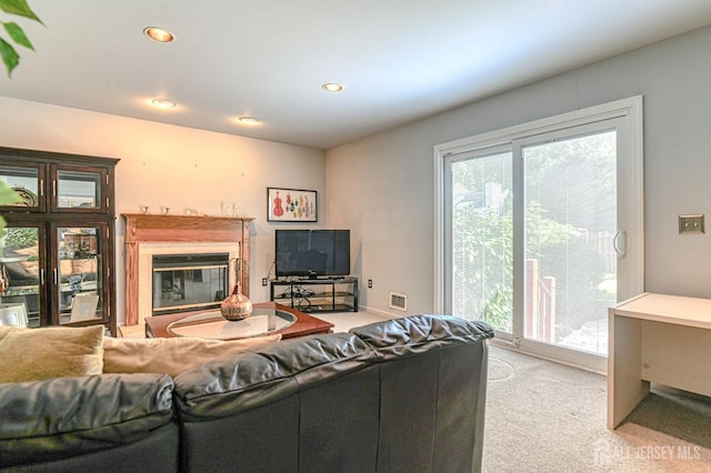 38 Silver Holw, North Brunswick, NJ 08902 - living area with light carpet, a glass covered fireplace, and recessed lighting