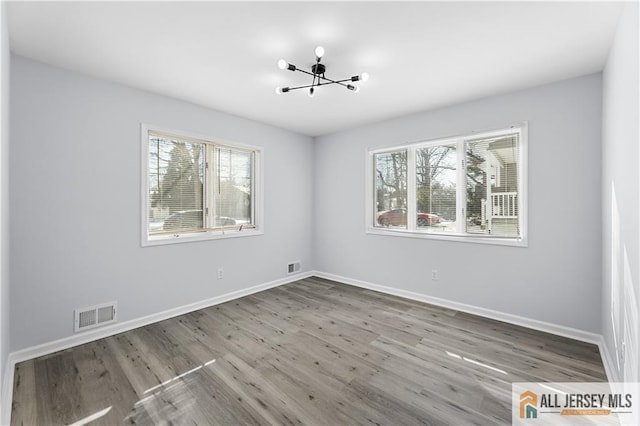 spare room with a wealth of natural light, visible vents, and wood finished floors