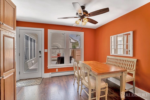 dining room with ceiling fan, baseboard heating, and dark wood finished floors