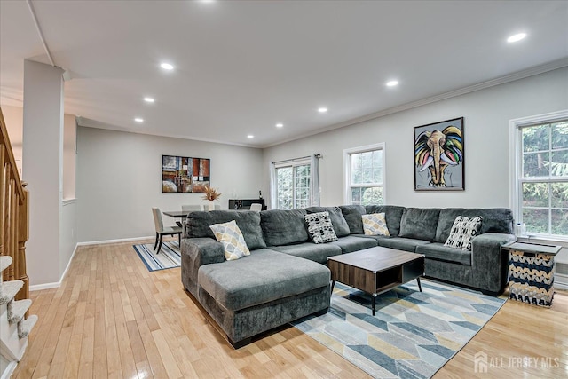 living room with ornamental molding, a wealth of natural light, and light wood-type flooring