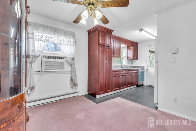 kitchen featuring a baseboard radiator, dishwasher, baseboards, ceiling fan, and dark brown cabinets